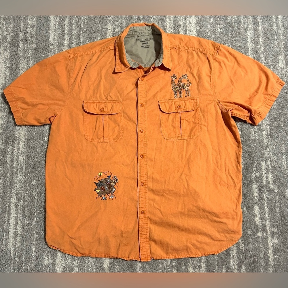 Mens Noah's Ark Embroidered Button Up Shirt Sz XL Orange Cotton Church Pastor